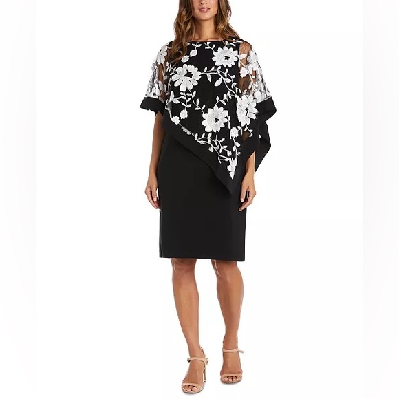 R&M Richards Petite Floral Embroidered Lace Poncho Dress Black/White 8P NWT - Picture 3 of 8